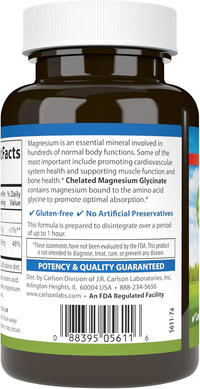 Chelated Magnesium Glycinate, 200 mg, 90 Tablets by Carlson