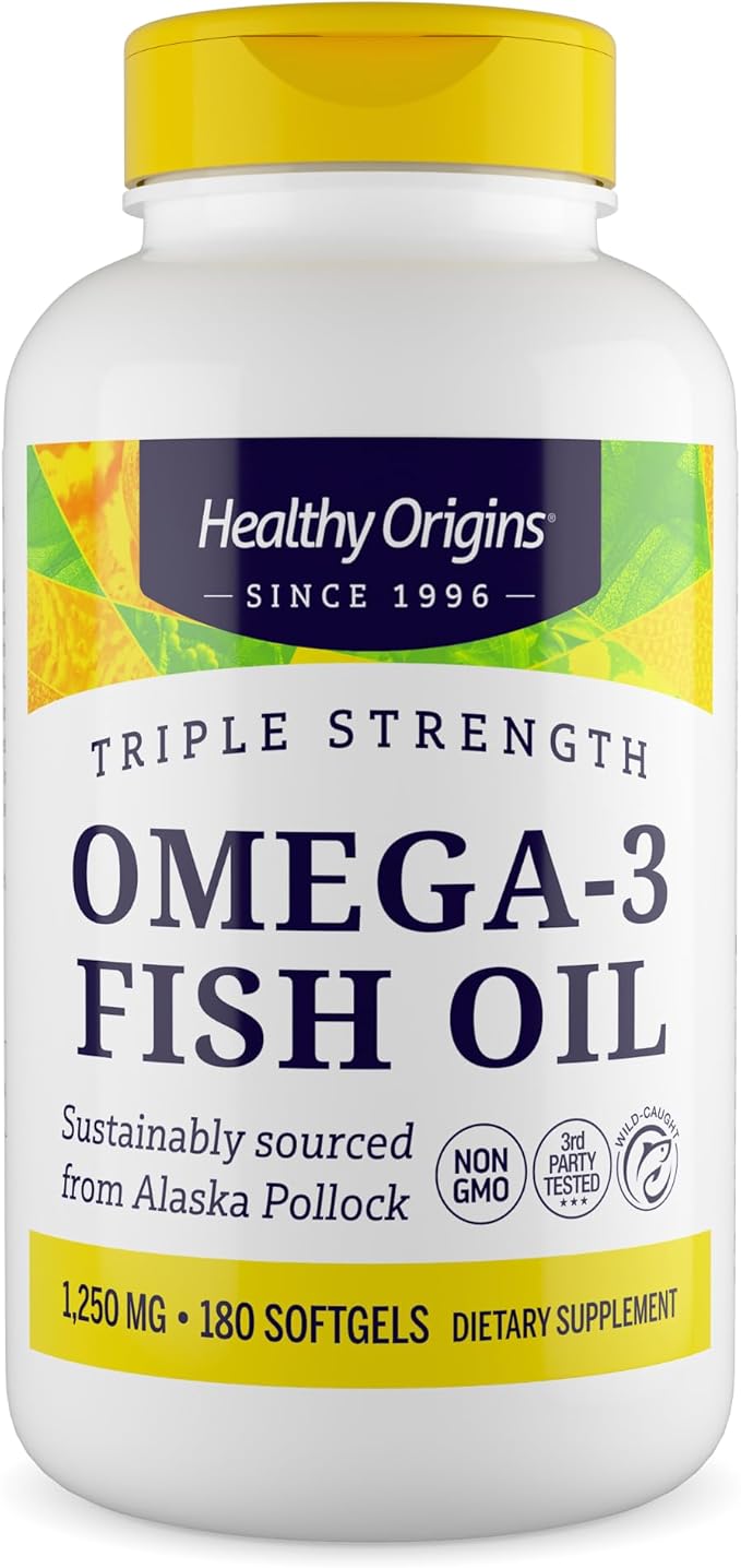 Triple Strength Omega-3 Fish Oil 1250mg from Wild Alaska Pollock, 180 Softgels by Healthy Origins