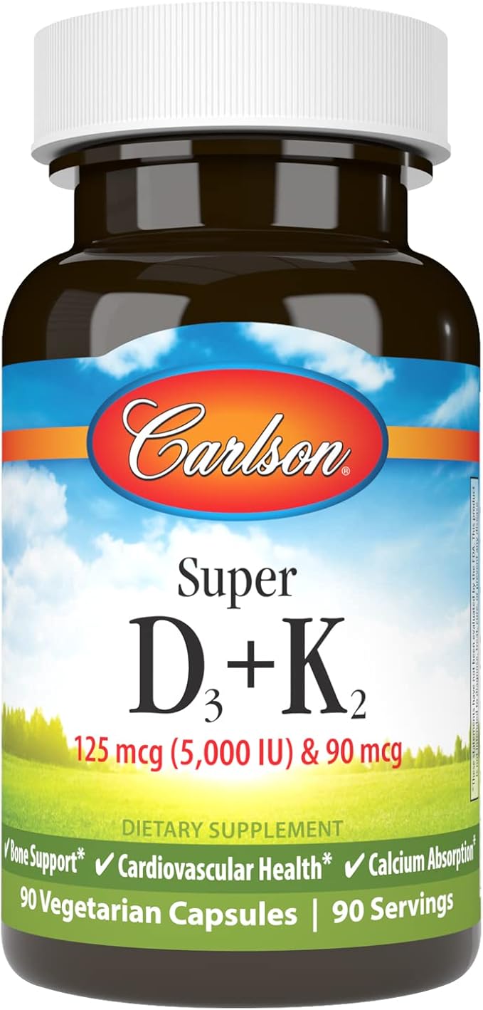 Super D3 + K2, 125 mcg (5,000 IU) & 90 mcg Vegetarian Capsules by Carlson