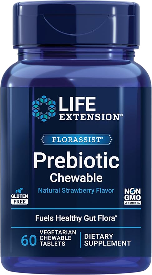 Florassist Prebiotic Chewable, Natural Strawberry, 60 Vegetarian Chewable Tablets (1,400 mg per Tablet) by Life Extension