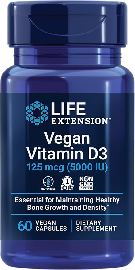 Vegan Vitamin D3, 125 mcg (5000 IU), 60 Vegan Capsules by Life Extension