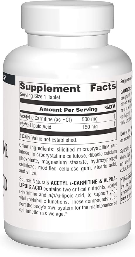 Acetyl L-Carnitine & Alpha-Lipoic Acid 650mg - 180 Tablets by Source Naturals