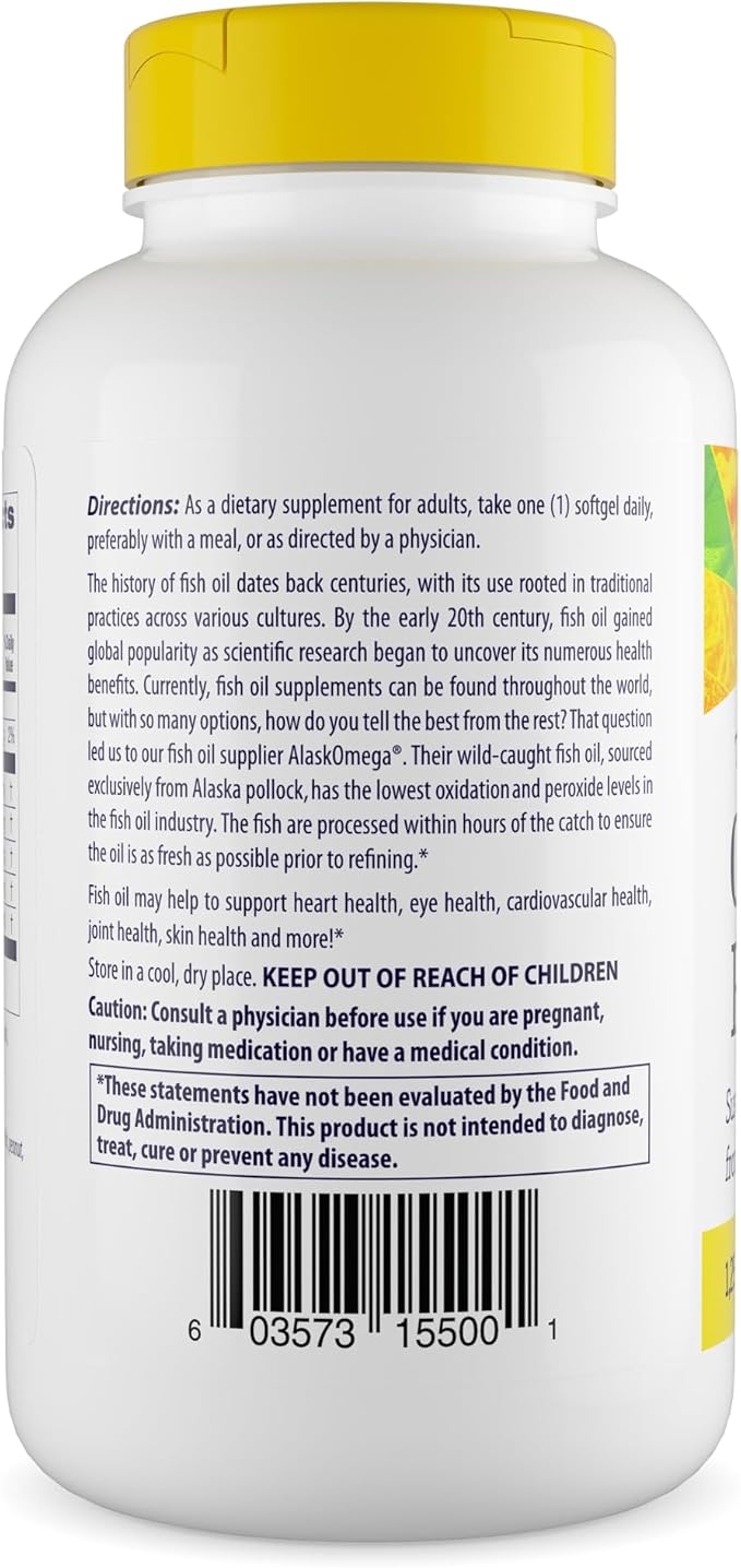 Triple Strength Omega-3 Fish Oil 1250mg from Wild Alaska Pollock, 180 Softgels by Healthy Origins