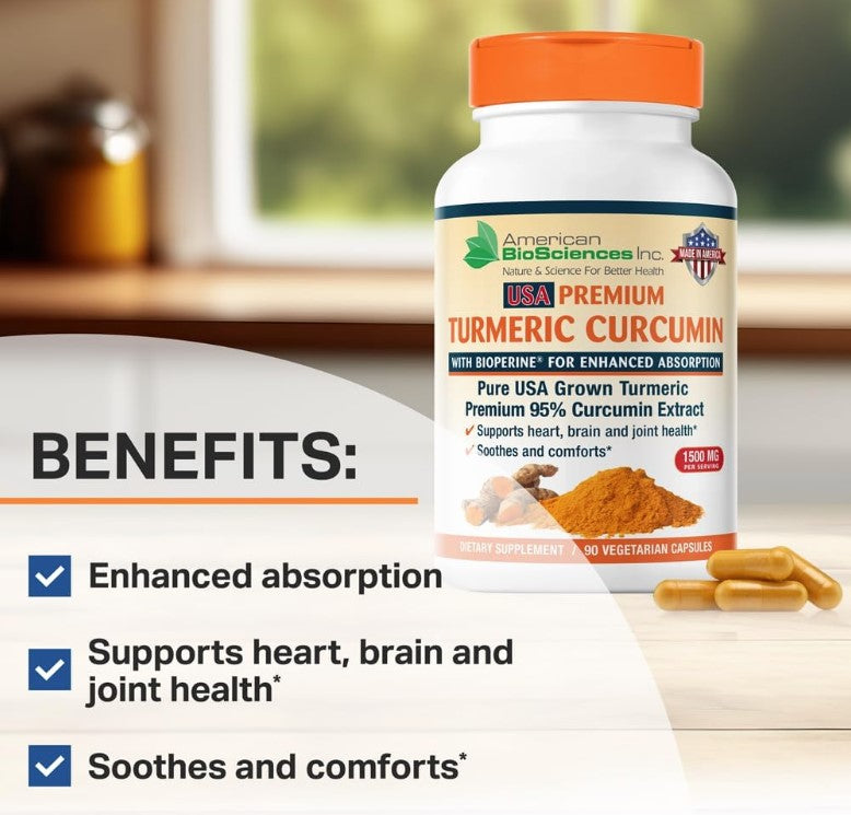 USA Premium Turmeric Curcumin, 1500 mg 90 Vegetarian Capsules, by American Biosciences