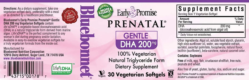 Early Promise Prenatal Gentle DHA 200 mg 30 Softgels, by Bluebonnet