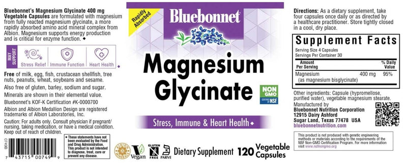 Magnesium Glycinate 400mg 120 Veggie Capsules by Bluebonnet