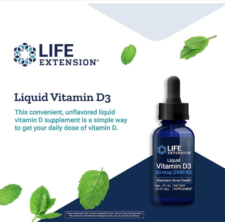 Liquid Vitamin D3, 50 mcg (2,000 IU), 1 fl oz (29.57 ml), by Life Extension