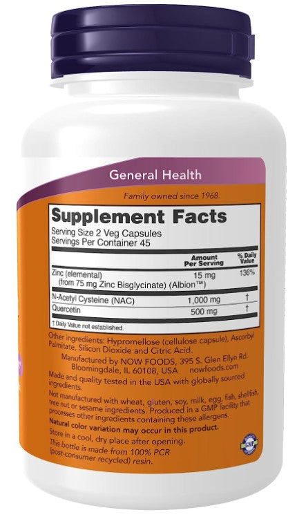 NAC Quercetin & Zinc - 90 Veg Capsules, by NOW