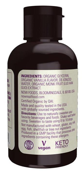 Organic Vanilla Monk Fruit, Zero-Calorie Liquid Sweetener, 1.8 fl oz (53 mL), by Now