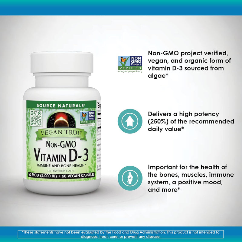 Non-GMO Vitamin D-3, 50 mcg (2,000 IU) 60 Vegan Capsules by Source Naturals