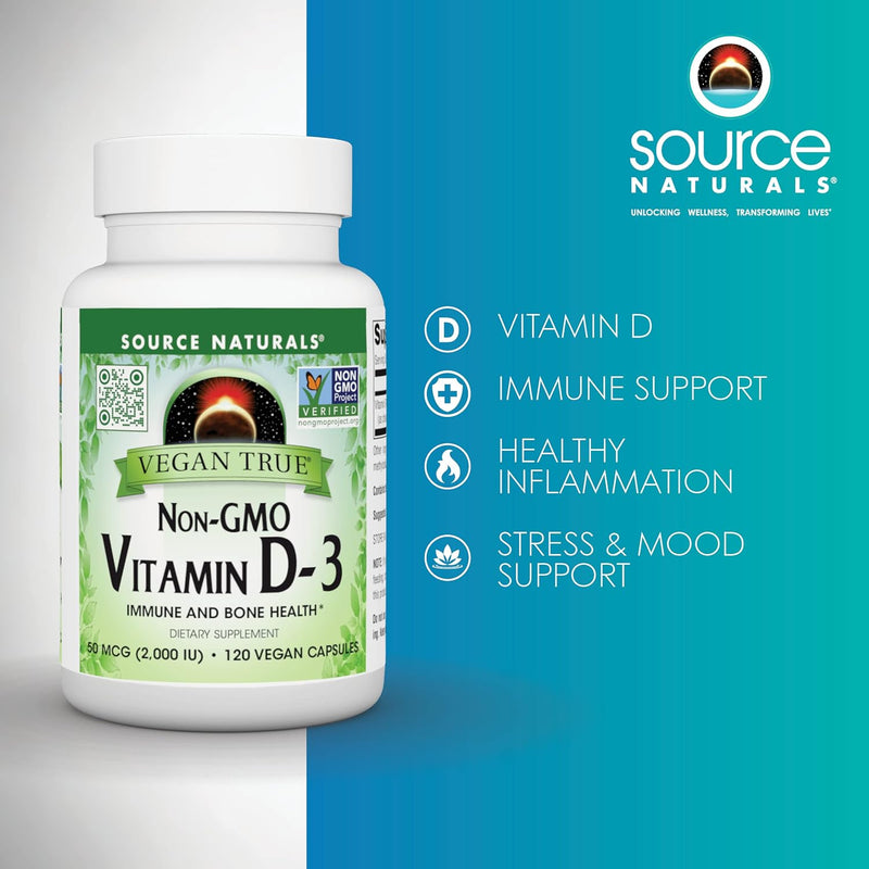 Non-GMO Vitamin D-3, 50 mcg (2,000 IU) 120 Vegan Capsules by Source Naturals