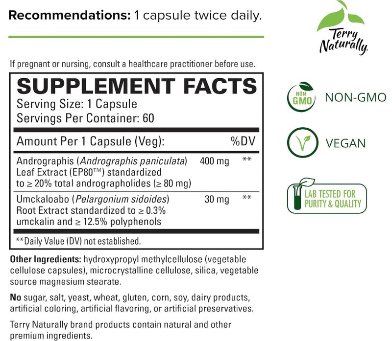 Terry Naturally Andrographis EP80 with Umckaloabo, 60 Capsules, by Europharma