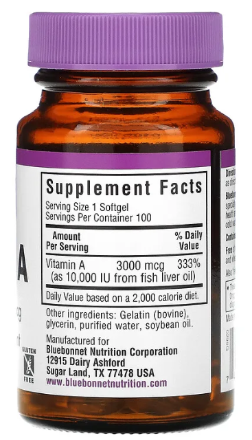 Vitamin A, 10,000 IU 100 Softgels, by Bluebonnet