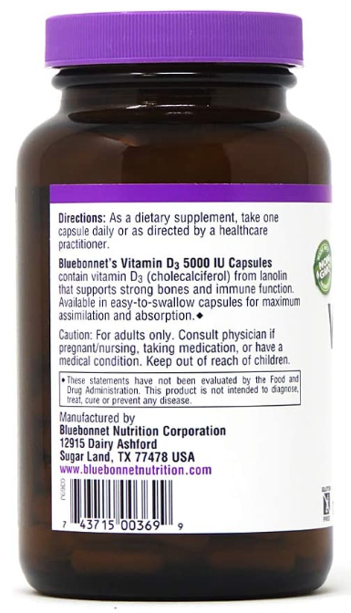 Vitamin D3, 125 mcg (5,000 IU), 120 Vegetable Capsule, by Bluebonnet