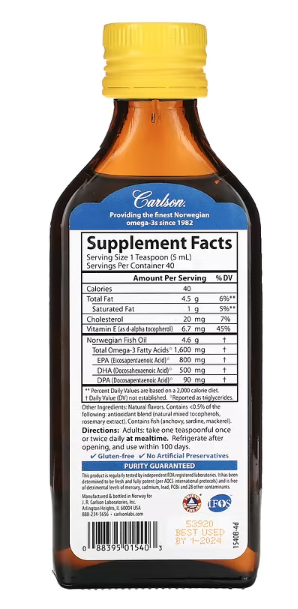 The Very Finest Fish Oil, Lemon, 1600 mg Omega-3s, 6.7 fl oz (200 mL), by Carlson