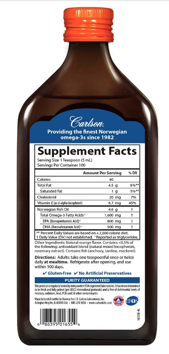 The Very Finest Fish Oil, Orange, 1600 mg Omega-3s, 16.9 fl oz (500 mL), by Carlson