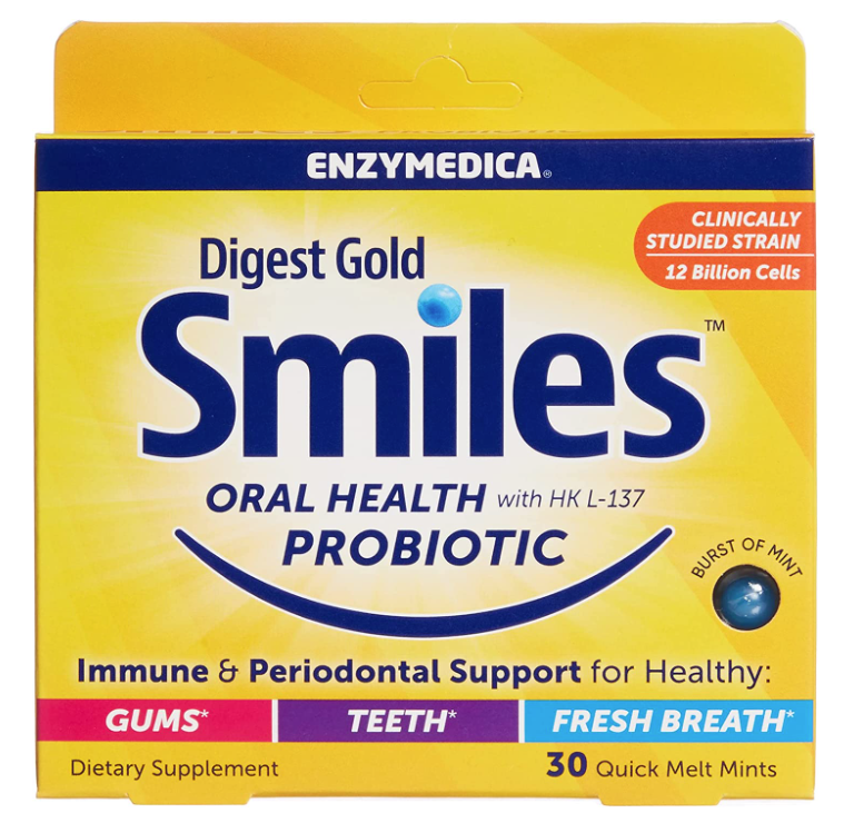 Digest Gold Smiles Oral Health with HK L-137 Probiotic, 30 Quick Melt Mints, by Enzymedica