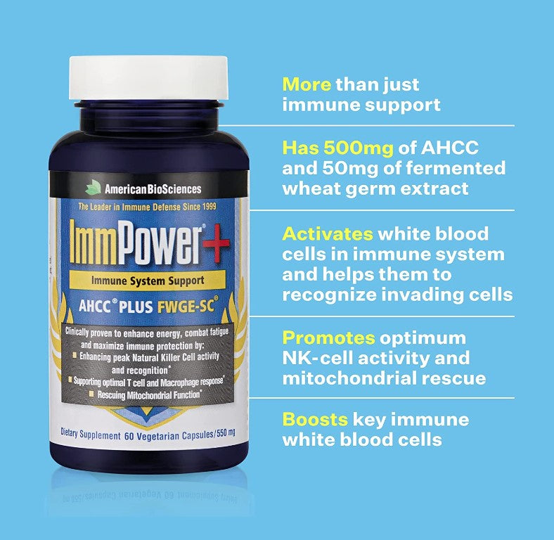 ImmPower+, AHCC® Plus FWGE-SC®, 550 mg 60 Veg Capsules, by American BioSciences