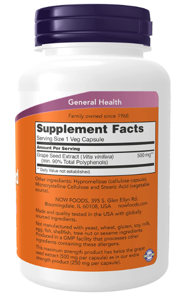 Grape Seed Extract, Maximum Strength 500 mg, 90 Veg Capsules, by Now