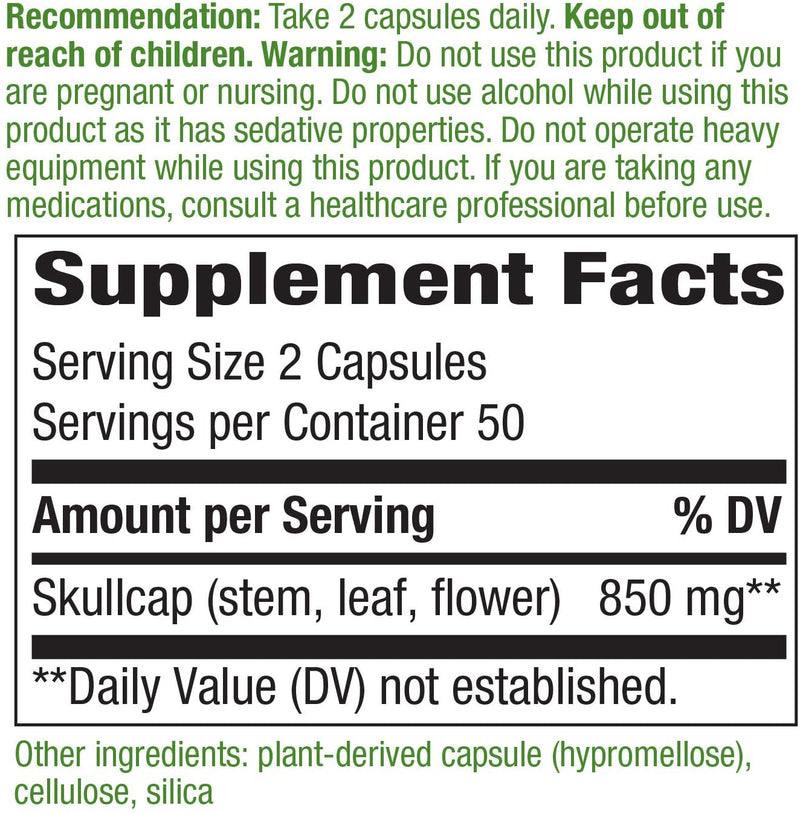 Scullcap Herb 425 mg 100 Vegetarian Capsules