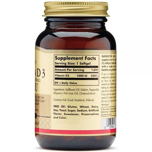 Vitamin D3 (Cholecalciferol) 25 Mcg (1000 IU) 100 Softgels