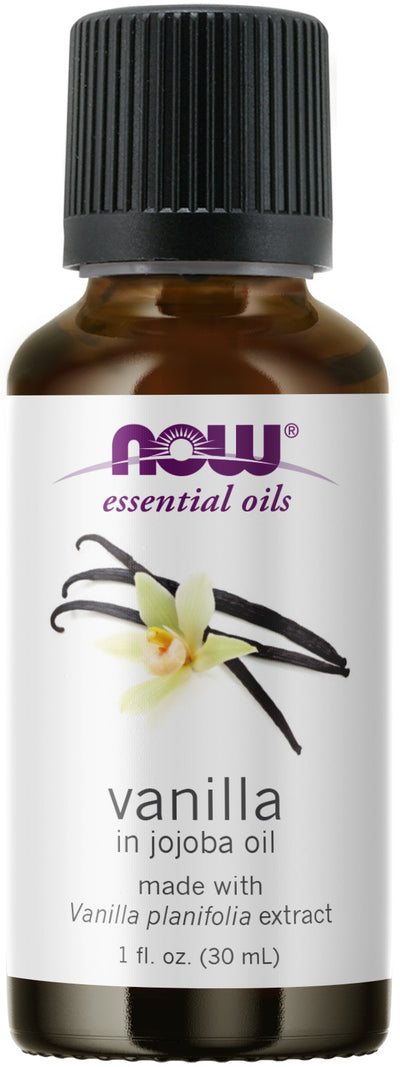 NOW Essential Oils, Vanilla Oil, Blend of Pure Vanilla Bean Extract in Pure Jojoba Oil, Sweet Aromatherapy Scent, Vegan, Child Resistant Cap, 1-Ounce