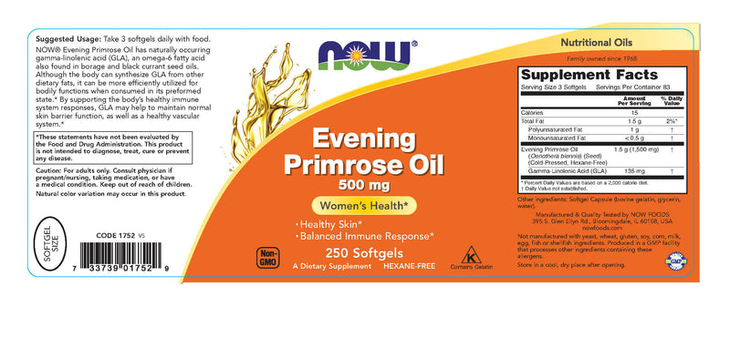 Evening Primrose Oil 500 mg 250 Softgels