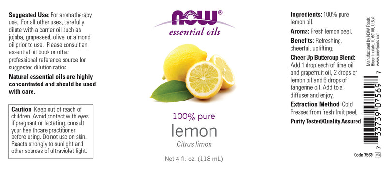 NOW Essential Oils, Lemon Oil, Cheerful Aromatherapy Scent, Cold Pressed, 100% Pure, Vegan, Child Resistant Cap, 4-Ounce